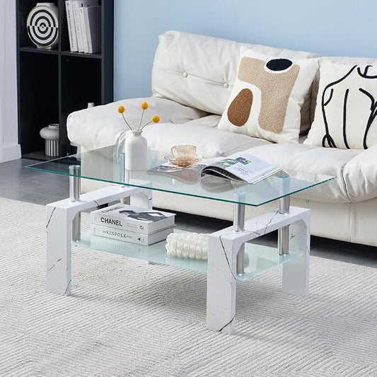 Btrpily Living Room Rectangle Coffee Table, Tea Table Suitable for Waiting Room, Modern Side Coffee Table with Wooden Leg, Glass Tabletop with Lower Shelf, Marble