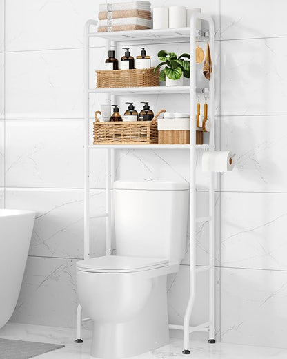 Kitsure Over Toilet Storage Rack - Metal Over Toilet Bathroom Organizer Shelf, Over the Toilet Storage Cabinet with Paper Holder and Hooks, Bathroom Cabinet for Laundry, White, 3 Tiers (63.2" H)