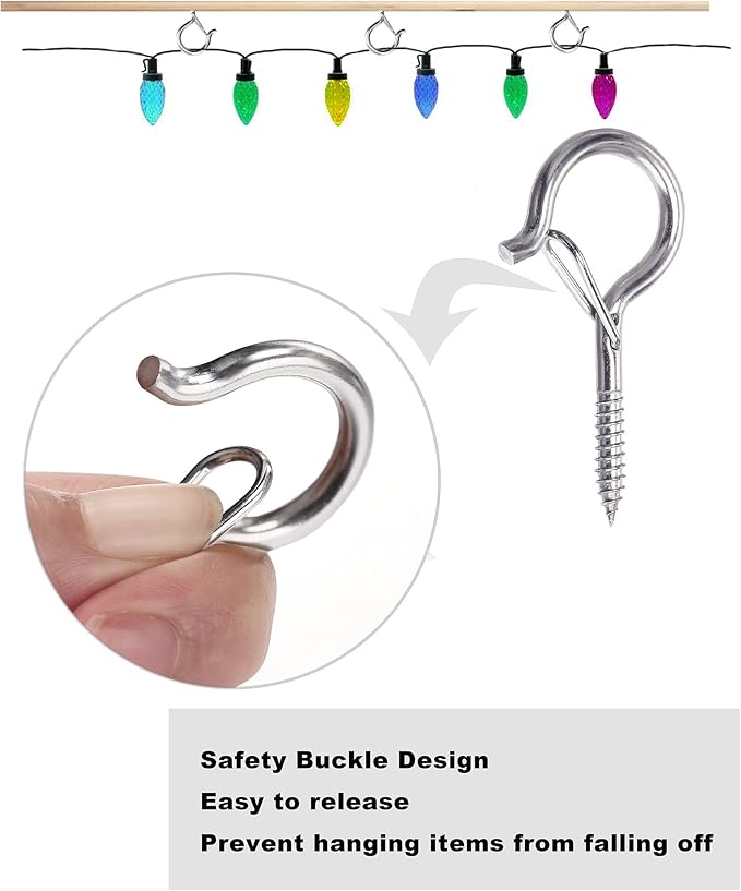 PlusRoc 20 Pack Screw Hooks for Hanging Christmas Lights Outdoor Seasonal Lighting, Heavy Duty 2.2 Inch Eye Hook Screw Cup Ceiling Hook Q-Hanger for Patio Lights, Wall Wood Ceiling Deck Mount(Silver)