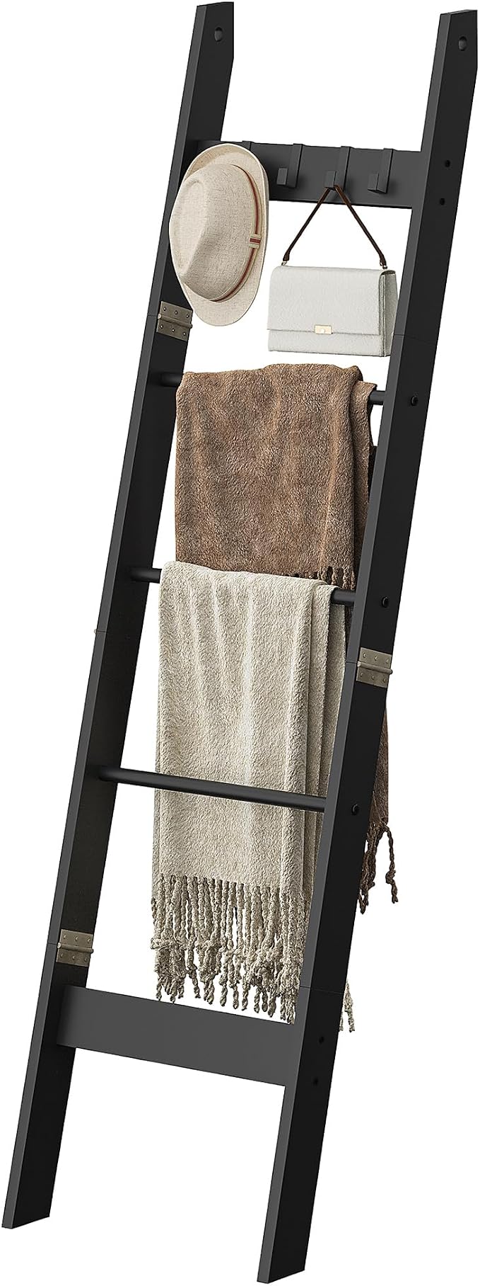 Hzuaneri Blanket Ladder for Living Room, Decorative Quilt Rack with 4 Removable Hooks, 5-Tier Farmhouse Ladder Holder Shelf Organizer for Bedroom, Black BR02104B