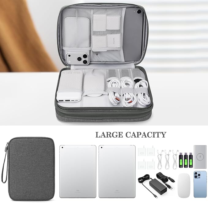 FYY Electronic Organizer, Extra Large Travel Cable Organizer Bag Pouch Portable Waterproof Double Layers All-in-One Storage Bag for iPad, Cable, Power Bank, Laptop Charger for Office/Home, Dark Grey