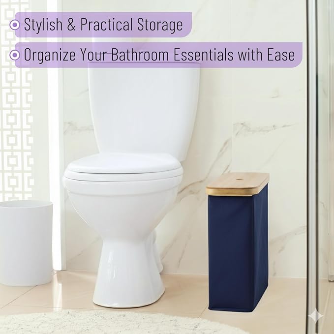 BAMBOO LAND- Toilet Paper Storage with Bamboo Lid for 12 Rolls, Dark Blue, Waterproof Bamboo Toilet Paper Holder Basket