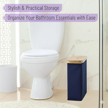 BAMBOO LAND- Toilet Paper Storage with Bamboo Lid for 12 Rolls, Dark Blue, Waterproof Bamboo Toilet Paper Holder Basket
