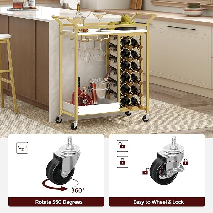 Bar Cart for Home, Gold Bar Cart with Wine Rack, Drink Cart with Wheels, Rolling Wine Cart with Glass Holder, Serving Cart for Kitchen, Gold and White RCJW18101