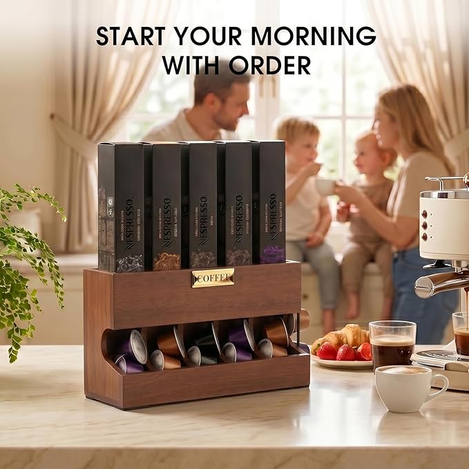 Wood Pod Dispenser Designed for Nespresso Original Line Capsules, Freestanding Countertop Pods Rack, Coffee Pods Holder for Home Office Kitchen Counter, Dispenses 5 Coffee Flavors (Brown) (5 Columns)