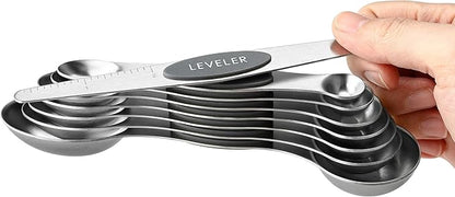 Spring Chef Stainless Steel Magnetic Measuring Spoons Set of 8 with Leveler, Dual Sided Metal Teaspoon & Tablespoon Measuring Spoons - Kitchen Gadgets For Baking and Cooking, Gray
