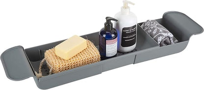 Bath Bliss Expandable Bathtub Caddy | Non-Slip | Over The Tub | 21-27 inch | Tub Tray | Bathroom Storage and Organizer | Shelf | Hold Soaps and Towels | Grey