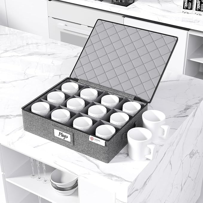 YearningHome Cup and Mug Storage Box with Hard Shell and Dividers for Coffee Mugs,Tea Cups and Glasses,Stackable Storage Organizers with Lid,Handles,Zips and Label for Moving,Holds 12,2 Pack, Grey