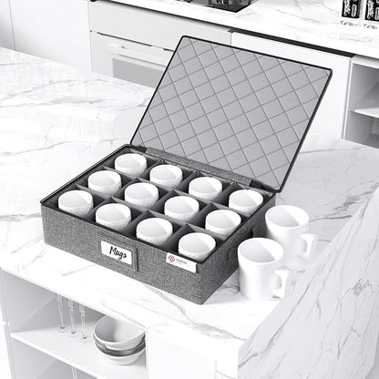 YearningHome Cup and Mug Storage Box with Hard Shell and Dividers for Coffee Mugs,Tea Cups and Glasses,Stackable Storage Organizers with Lid,Handles,Zips and Label for Moving,Holds 12,2 Pack, Grey