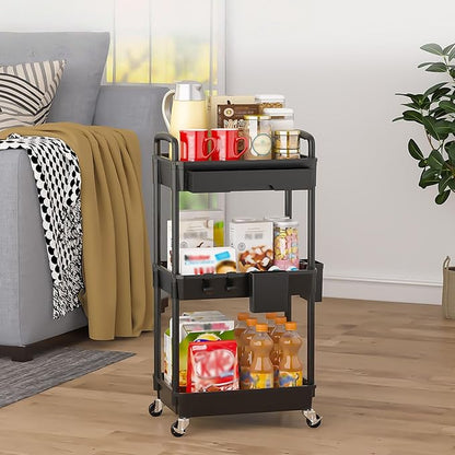 LLMRR 3 Tier Rolling Utility Cart with Drawer, Plastic Storage Organizer Rolling Carts with Wheels Handles Hanging Cups Hooks for Office, Bathroom, Kitchen,Craft Art Room (Black)