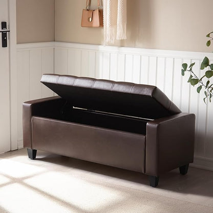Ottoman with Storage，Storage Ottoman Bench, Faux Leather Storage Bench for Bedroom with Safety Hinge，Bedroom Benches with Seating for Living Room, Entryway (Dark Brown-PU)