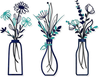 3 Pieces Metal Flowers Wall Arts - Rustic Farmhouse Style Décor Metal Wall Art Black Minimalist Flower Natural Themed Wall Decors for Home Bedroom Dining Room Housewarming (Blue)