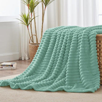 BEDELITE Fleece Throw Blanket for Couch - 300GSM Soft & Warm Fluffy Mint Blue Blanket, Decorative and Giftable Striped Blankets for Women, Men, 50"x60"