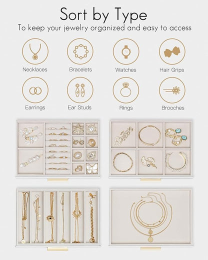 Vlando Jewelry Box for Women, Glass Lid Jewelry Organizer with 4 Drawers for Necklaces Rings Earrings Bracelets Christmas Gift - White