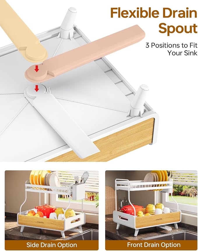 Urackify 2-Tier Dish Drying Rack, Large Stainless Steel & Bamboo Dish Rack for Kitchen Counter, Dish Drainers with Adjustable Automatic Spout, Drying Rack Kitchen with Utensil Holder, White