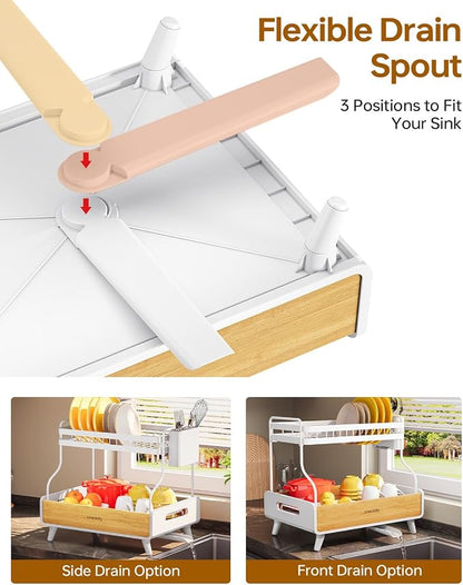 Urackify 2-Tier Dish Drying Rack, Large Stainless Steel & Bamboo Dish Rack for Kitchen Counter, Dish Drainers with Adjustable Automatic Spout, Drying Rack Kitchen with Utensil Holder, White