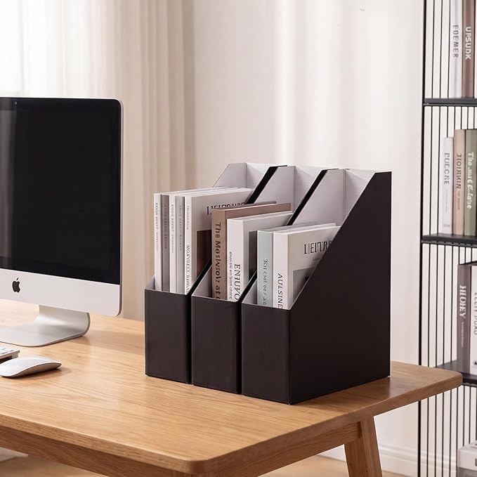 EXYGLO 6 Pack Black Magazine File Holder, Cardboard Magazine Rack with Label, Foldable Storage Organizer Box for Book, Documents, 10x3.3x12 Inches