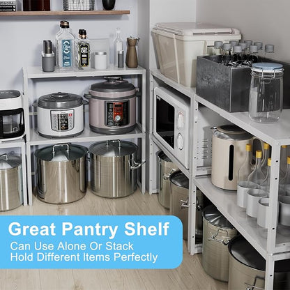 Expandable Kitchen Storage Shelves,110LBS Heavy Duty Metal Shelving Units and Storage For Small Appliance, Adjustable Stackble Storage Shelf Organizer For Kitchen Cabinet Pantry Warehouse Garage,White