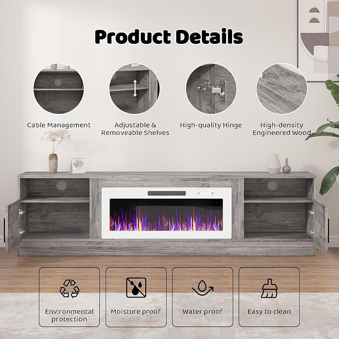 Lemberi Fireplace tv Stand with 36 inch White Fireplace Up to 90" TVs, LED Light Entertainment Center and Storage, 80" Modern Wood Media TV Console with Highlight Cabinet for Living Room (Gray)