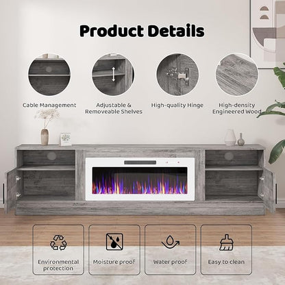 Lemberi Fireplace tv Stand with 36 inch White Fireplace Up to 90" TVs, LED Light Entertainment Center and Storage, 80" Modern Wood Media TV Console with Highlight Cabinet for Living Room (Gray)