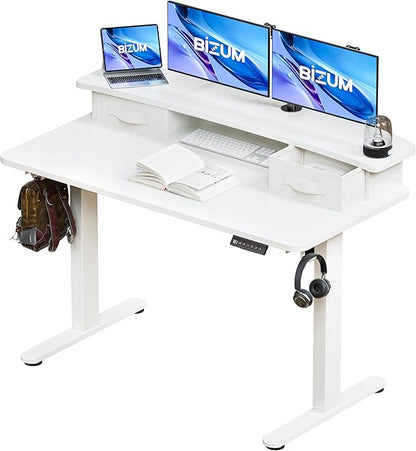 BIZUM Standing Desk with 2 Drawers Computer Desk-Stand up Desk Home Office Gaming Memory Desks C-Clamp Mount Compatible, 48x24 Inch White