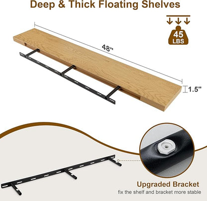 Fun Memories Floating Shelves for Wall, 48Inch Floating Shelves Set of 2, Hanging Shelf with Invisible Brackets, Wood Shelves for Living Room, Bedroom, Kitchen, Oak