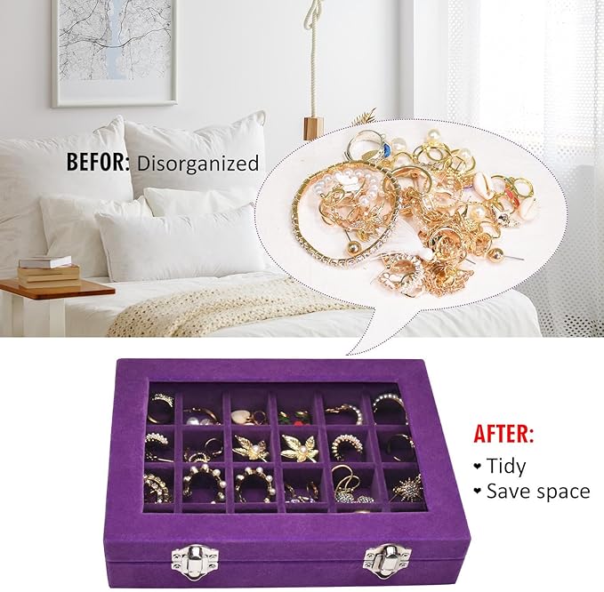 Vicoter Velvet Jewelry Box 24 Grid Jewelry Ring Display Organiser Box Tray Holder Earrings Storage Case for Girls Wife Mom Women (Purple)