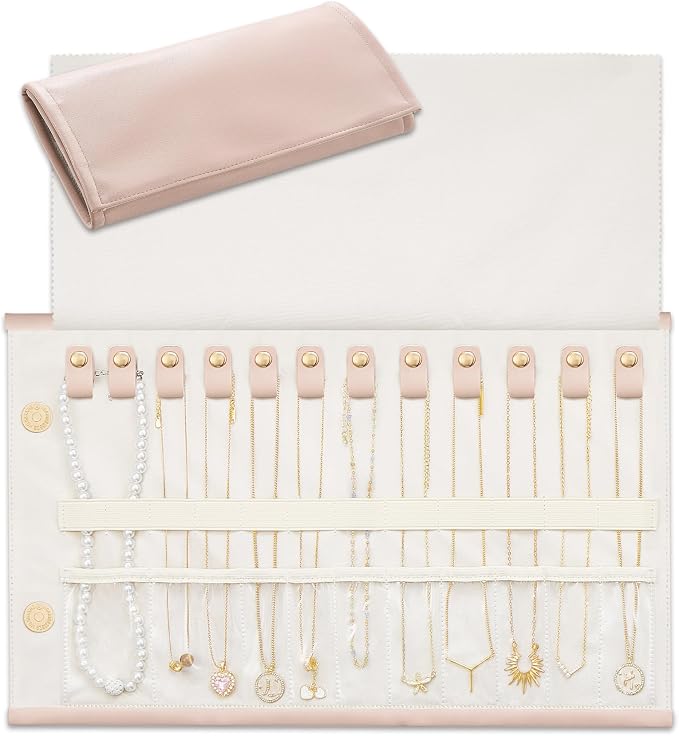 Lolalet Travel Necklace Organizer, Tangle-Free Necklace Case for Travel, Foldable Roll Up Jewelry Storage Bag for Necklaces Chains Bracelets, Pink, 12 Slots Holder