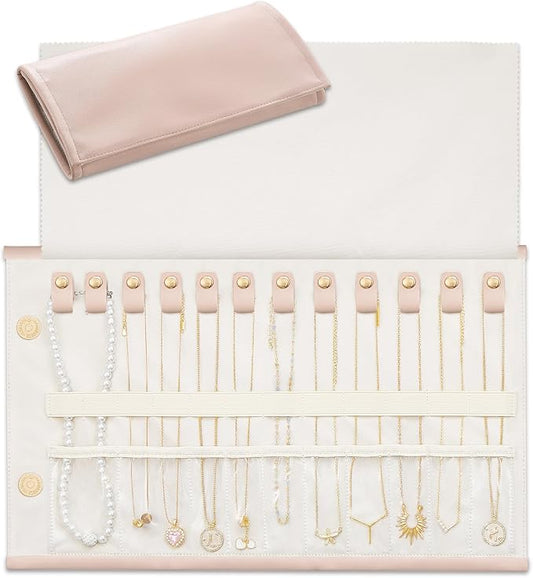 Lolalet Travel Necklace Organizer, Tangle-Free Necklace Case for Travel, Foldable Roll Up Jewelry Storage Bag for Necklaces Chains Bracelets, Pink, 12 Slots Holder
