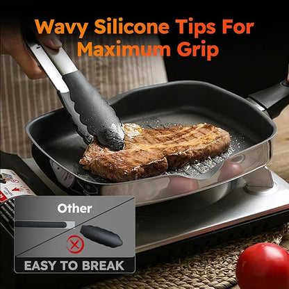 HST Tongs for Cooking with Silicone Tips(3 Pack), Non Stick Kitchen Tongs with Silicone Tip for Cooking BBQ Baking (9", Black)