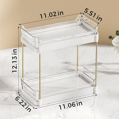 2 Tier Bathroom Counter Organizer, Removable Clear Tray Vanity Shelf for Makeup, Perfume, Skincare,Slide out Cosmetics Countertop Storage Rack for Bathroom Dresser，White