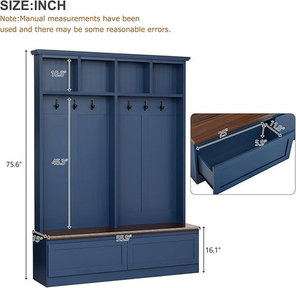 Merax Wood Hall Tree with 6 Hooks & Entryway Bench, Farmhouse Mudroom Versatile Coat Racks with 2 Large Drawers, Entrance Organizer for Hallway, Blue
