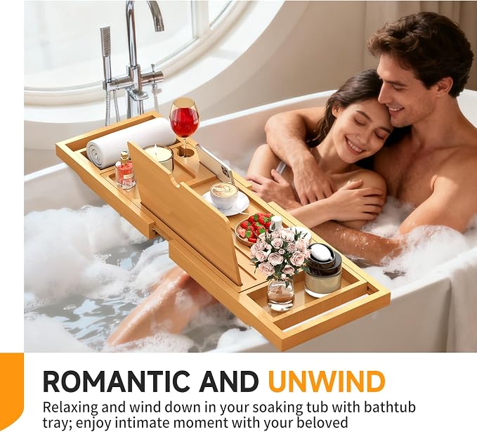Premium Bamboo Bathtub Caddy Tray with Extending Sides, Adjustable Wood Bath Tray for Luxury Bath, Fits Most Tubs, Accessories Gift Idea