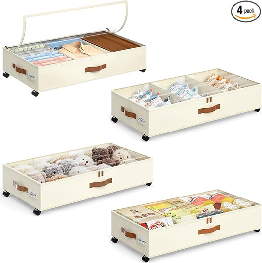 Yecaye Under Bed Storage with Wheels, 4 Pack Under Bed Storage Containers with Adjustable Dividers & Clear Window, Rolling Underbed Organizer Bins Drawers for Clothes, Shoes, Blankets, Beige