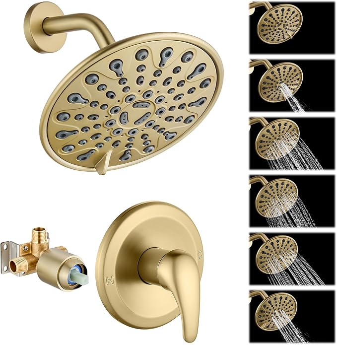 gotonovo Shower Faucet Set Bathroom Shower Head and Handle Set Complete 6 Settings 6 inch Rainfall Shower Head Kit High Pressure Shower System Combo Shower Trim Kit with Valve Brushed Gold