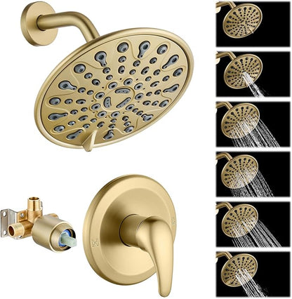 gotonovo Shower Faucet Set Bathroom Shower Head and Handle Set Complete 6 Settings 6 inch Rainfall Shower Head Kit High Pressure Shower System Combo Shower Trim Kit with Valve Brushed Gold
