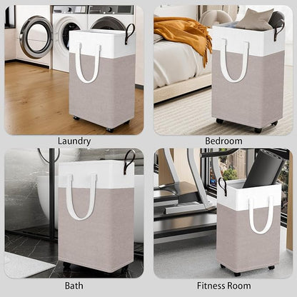 HomeHacks Laundry Basket with Wheels, Rolling Laundry Hamper, Collapsible & Waterproof Clothes Hamper, Narrow Corner Bins with Extended Handles for in the Family & Dorm 90L, Khaki
