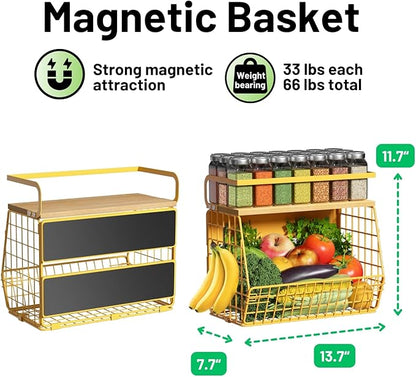Magnetic Shelf for Fridge with Wood Lid, Fruit Potato and Onion Storage Bins, Pantry Organizers & Storage, Large Container Magnetic Spice Rack for Refrigerator, Kitchen Counter, Cabinet (Yellow, 1)