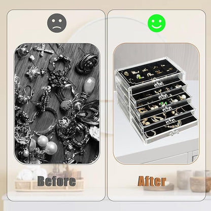5 Drawers Clear Jewelry Box for Women and Girls, Acrylic Earring Holder Organizer Ring Holder Display Storage, Black