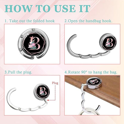 Pink Initial Foldable Purse Hook, Flower Letter Handbag Hanger, Women's Bag Hanger Hook, Round Purse Table Hook, Funny Desk Hook Gift for Family Colleague Friend Office Worker (Flower B)