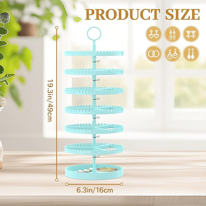 MODOWEY 6 Tier Rotating Earring Holder Organizer Display Tree with Metal Tray, Adjustable Plastic Stand with 342 Slots for Stud Hoop Hanger, Large Capacity Storage Rack for Women Space-Saving, Blue