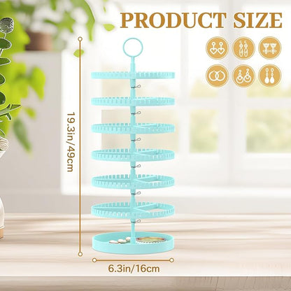 MODOWEY 6 Tier Rotating Earring Holder Organizer Display Tree with Metal Tray, Adjustable Plastic Stand with 342 Slots for Stud Hoop Hanger, Large Capacity Storage Rack for Women Space-Saving, Blue