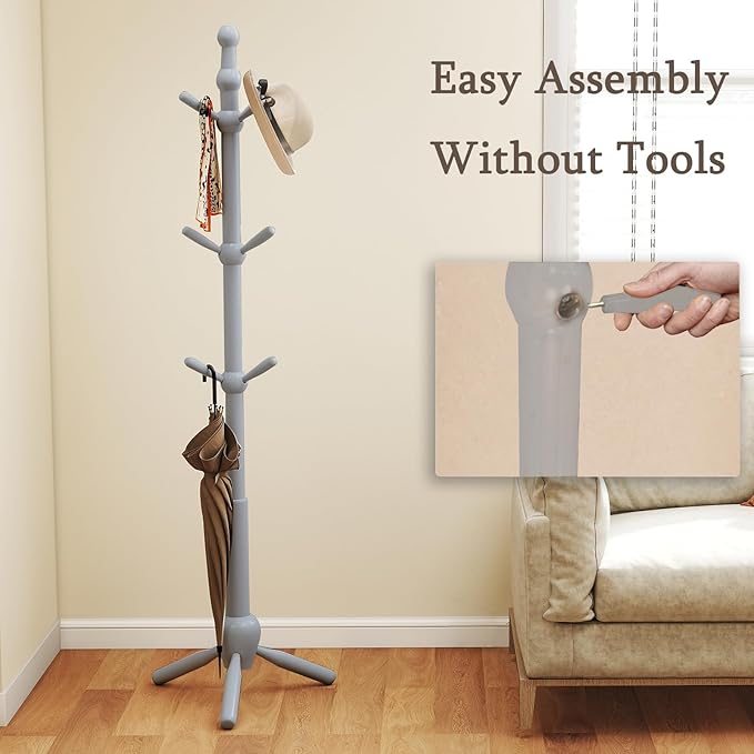 Solid Wood Coat Rack Stand, Vintage Heavy Duty Coat Hanger Stand with 9 Hooks, 3 Adjustable Size Sturdy Coat Tree for Living Room, Entryway, Office, Hallway, Grey