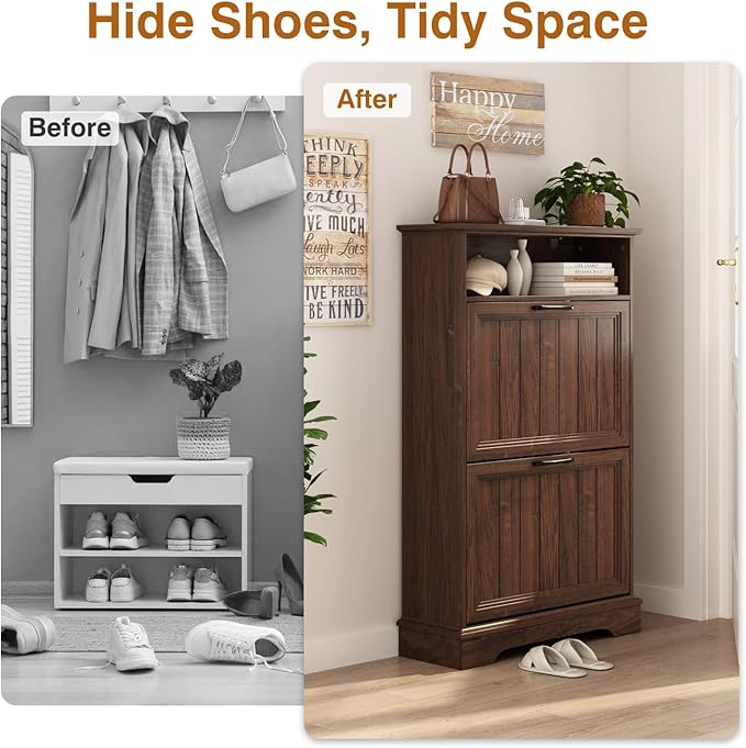 Shoe Storage Cabinet with 2 Flip Drawers, 24" W Farmhouse Modern Hidden Shoes Rack Cabinet with Adjustable Shelves & Open Storage, Narrow Slim Shoe Organizer for Front Door Entrance, Entryway, Walnut