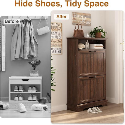 Shoe Storage Cabinet with 2 Flip Drawers, 24" W Farmhouse Modern Hidden Shoes Rack Cabinet with Adjustable Shelves & Open Storage, Narrow Slim Shoe Organizer for Front Door Entrance, Entryway, Walnut
