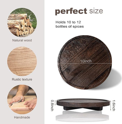 Round Decorative Tray Wood Bathroom Counter Organizer Farmhouse Kitchen Decor Wooden Riser for Soap Dish, Perfume, Candle, Sponge, 10" - Dark Brown