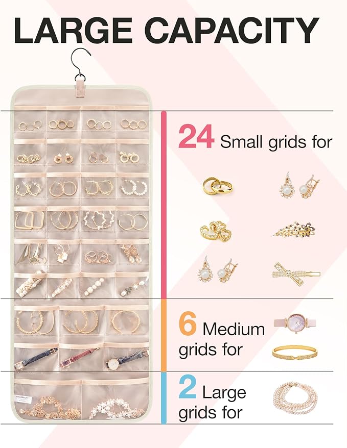 BAGSMART Hanging Jewelry Organizer Storage Roll with Hanger Metal Hooks Double-Sided Jewelry Holder for Earrings, Necklaces, Rings on Closet, Wall, Door, 1 piece, Large, Beige