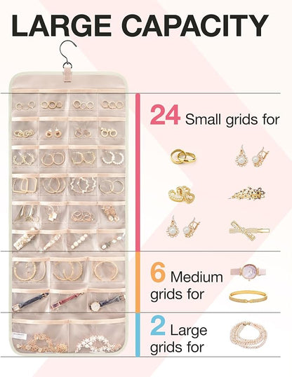 BAGSMART Hanging Jewelry Organizer Storage Roll with Hanger Metal Hooks Double-Sided Jewelry Holder for Earrings, Necklaces, Rings on Closet, Wall, Door, 1 piece, Large, Beige
