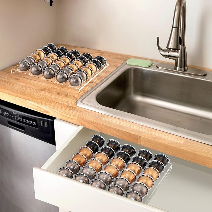 SUMERFLOS 2-Sets Coffee Pod Holder Storage Tray Compatible with Vertuoline Capsule, Drawer Insert Organizer Holds 60 Pods Drawer of Kitchen, Home, Office - Clear