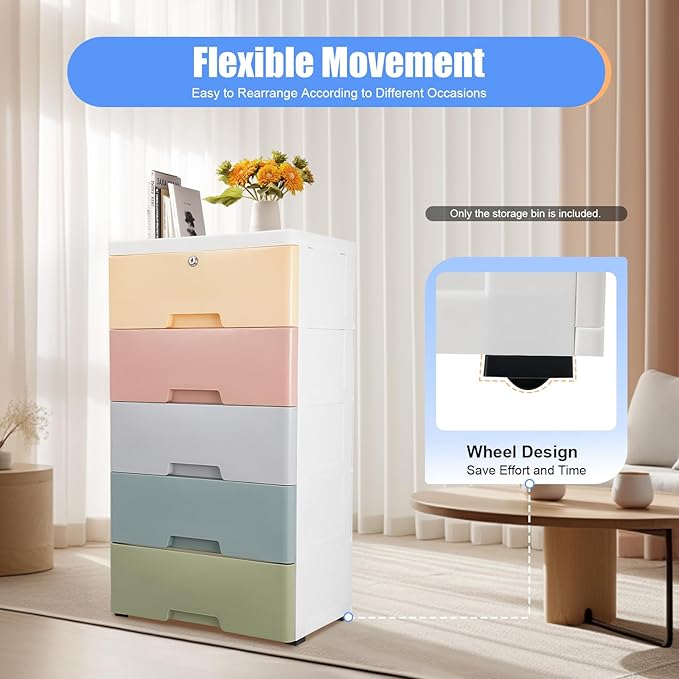 Plastic Dresser for Bedroom with 5 Drawers,Stackable Vertical Storage Tower, Small Dresser Chest of Drawers, Mobile Drawer Storage Cabinet with Wheels for Hallway Entryway,Bedroom Furniture (Macaron)